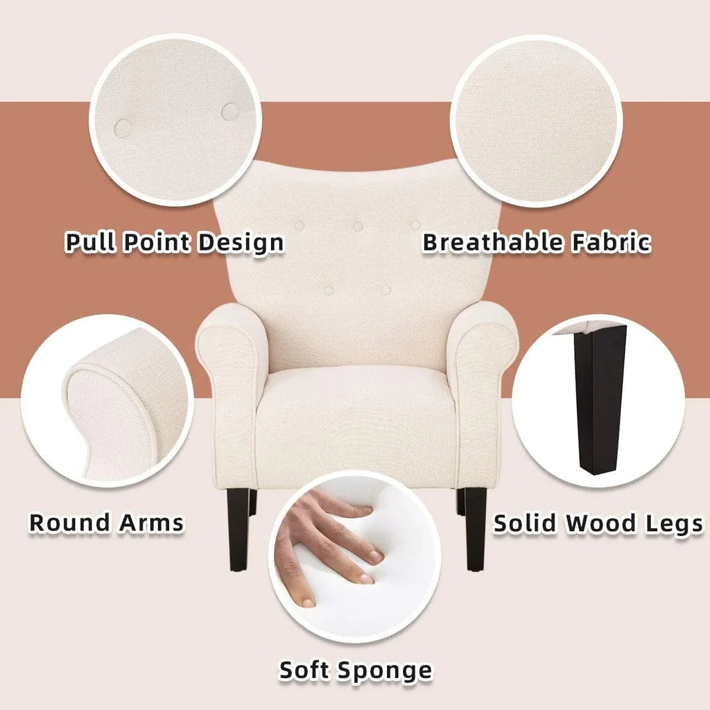 Erommy moderne accentstoel, fauteuil met hoge rugleuning, gestoffeerde stoffen fauteuil met knopen en houten poten voor de woonkamer