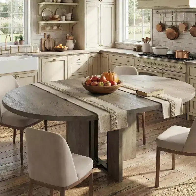 Table à manger ronde extensible de 47 à 63 po pour 4 à 8 personnes, table de cuisine extensible en bois de style champêtre avec structure en métal, table ovale gain de place pour appartement, gris rétro