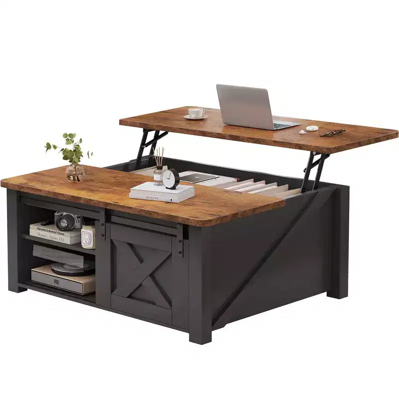 Table basse relevable JIONJOY de 31,5 po avec grand espace de rangement dissimulé, étagères réglables, table centrale carrée de style champêtre pour salon et petits espaces