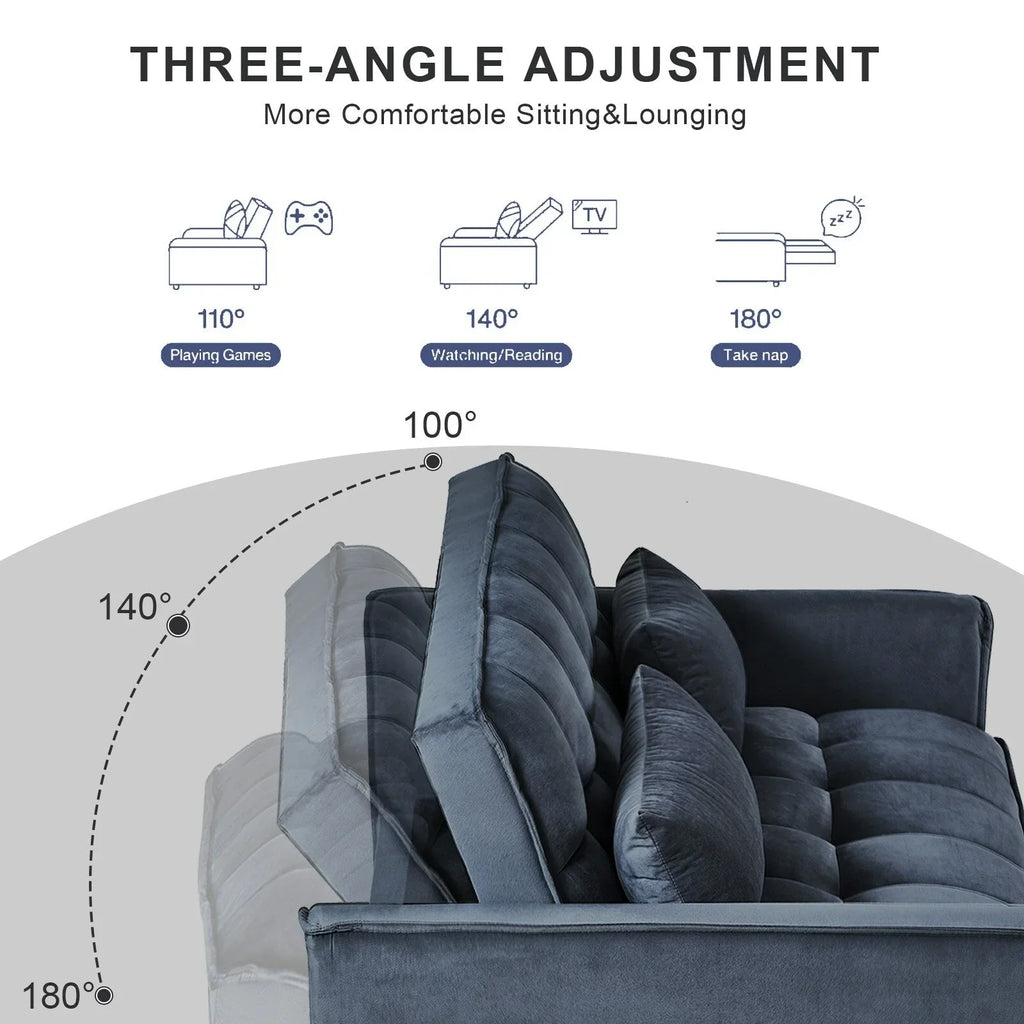 Modernes ausziehbares Schlafsofa, 3-in-1-Schlafsofa mit verstellbarer Rückenlehne, Samt-Loveseat, Kissen und Seitentaschen
