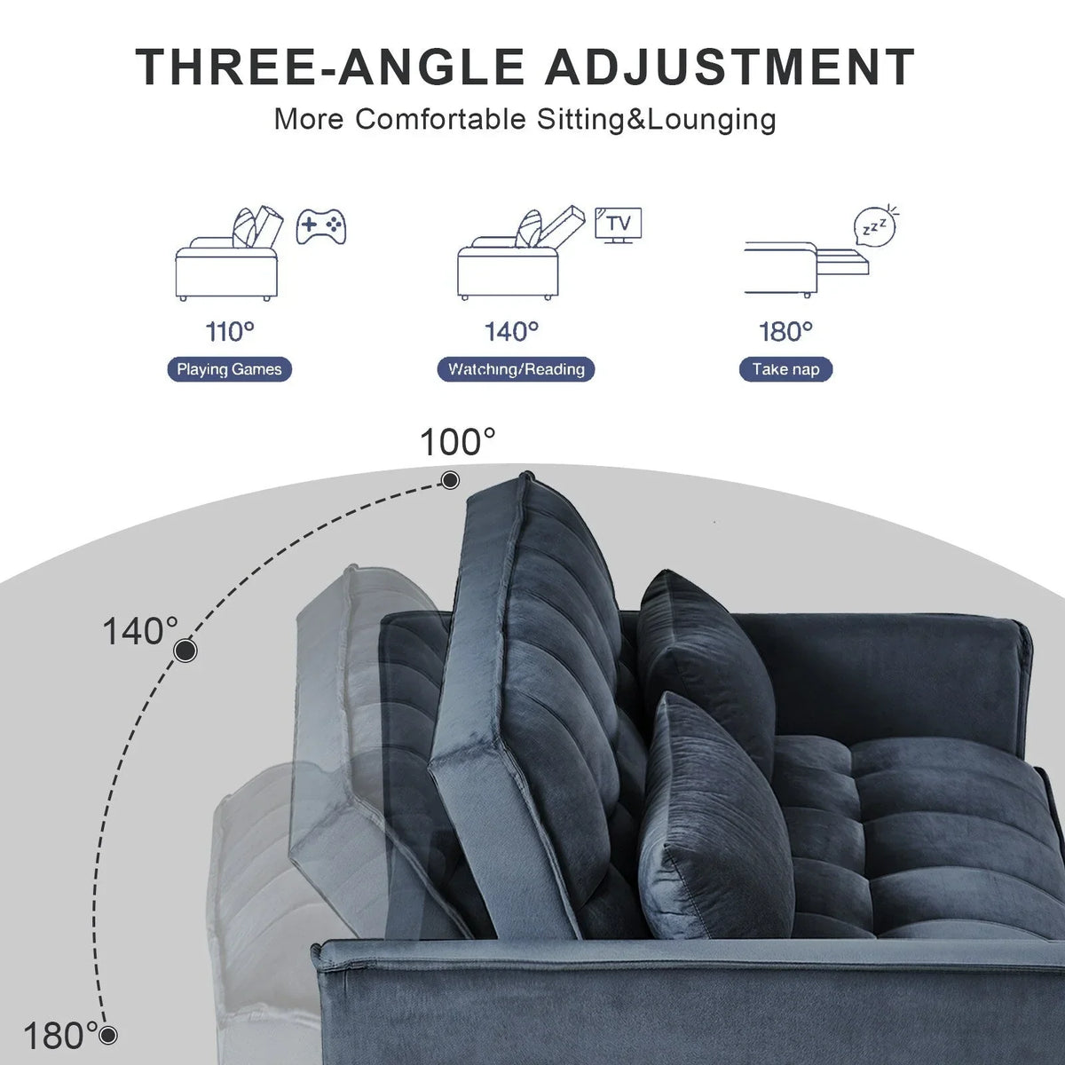 Modernes ausziehbares Schlafsofa, 3-in-1-Schlafsofa mit verstellbarer Rückenlehne, Samt-Loveseat, Kissen und Seitentaschen