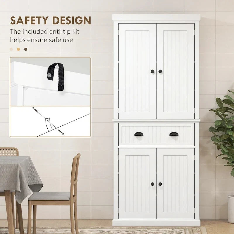 Armoire de rangement de garde-manger de cuisine de 72 pouces, armoire traditionnelle autoportante avec 4 portes et 3 étagères réglables, grand tiroir central