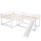 L-vormig stapelbed voor 4 kinderen, vierpersoons stapelbed met glijbaan, houten stapelbedframe met full- en twinbed voor slaapkamer of slaapzaal