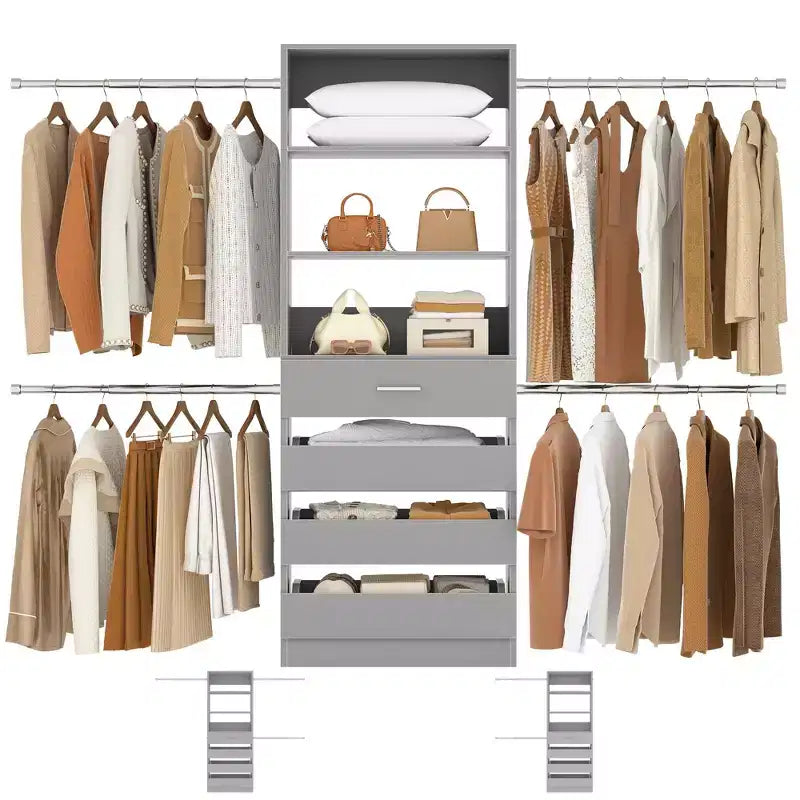 Besiost Holz-Kleiderschrank-Organizersystem für 1,2–2,7 m mit 4 Schubladen, 4 Kleiderstangen und Regaltürmen
