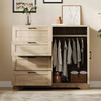 43.3 H Wood Armoire Wardrobe Closet with 4 Drawers & Hanging Rod, Multifunctional Bedroom Clothing Storage Cabinet Dresser