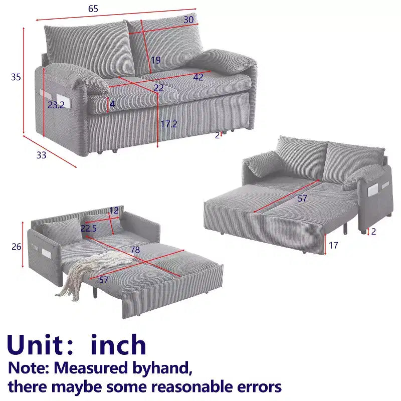 64,5 3-in-1-Schlafsofa aus Cord mit ausziehbarem Bett