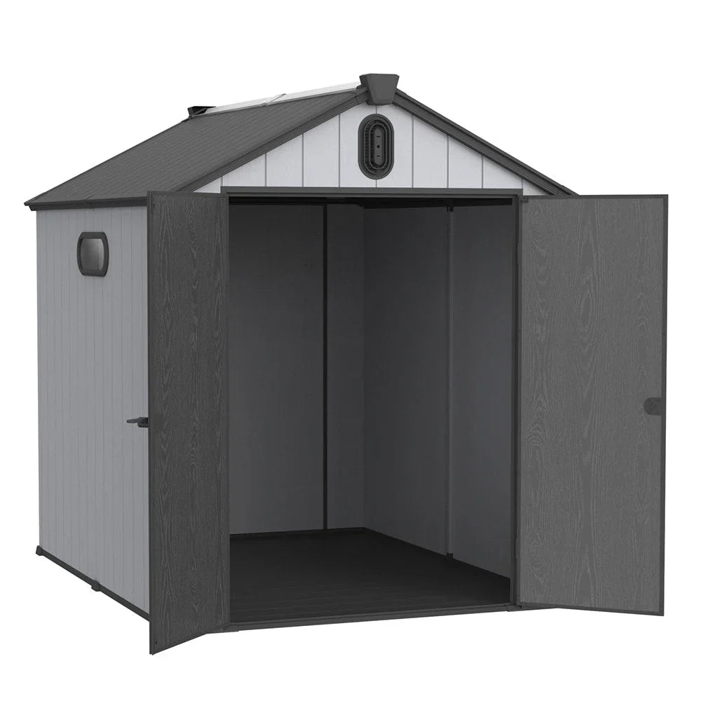 Opslagschuur van 6 ft x 4 ft/6 ft x 8 ft/8 ft x 6 ft/8 ft x 10 ft, weerbestendig kunststofhars voor buiten met vloer, gereedschapsschuur met puntdak