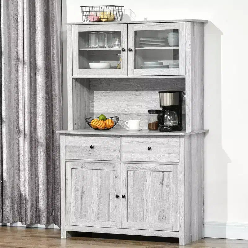 HOMCOM Küchenbuffet mit Aufsatz, 63,5 Zoll, Vorratsschrank mit 4 Regalböden, Schubladen, gerahmten Glastüren und offener Arbeitsfläche für die Mikrowelle