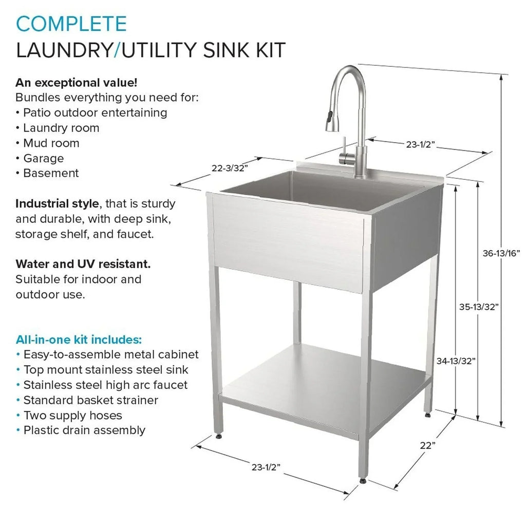 Évier et meuble de buanderie en acier inoxydable de 24-in L x 22-in P x 35-in H