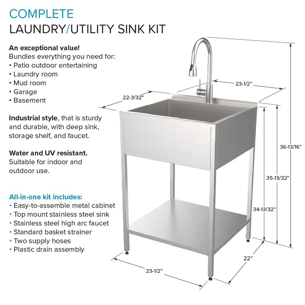 Évier et meuble de buanderie en acier inoxydable de 24-in L x 22-in P x 35-in H