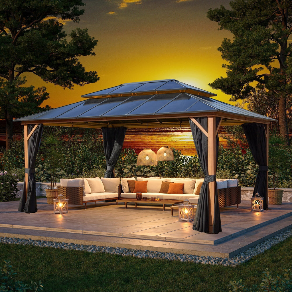 EROMMY Pavillon mit festem Dach, Outdoor-Pergola mit Doppeldach, Netzvorhängen und Vorhängen, robustes Vordach für Terrasse, Garten und Poolpartys