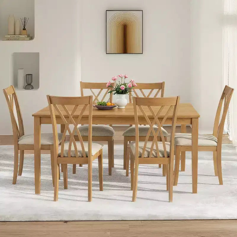 Zevemomo 7-delige eettafelset van massief hout met 6 gestoffeerde stoelen, ruimtebesparende eetkamertafel- en stoelenset voor eetkamer en keuken, natuurlijke houtkleur
