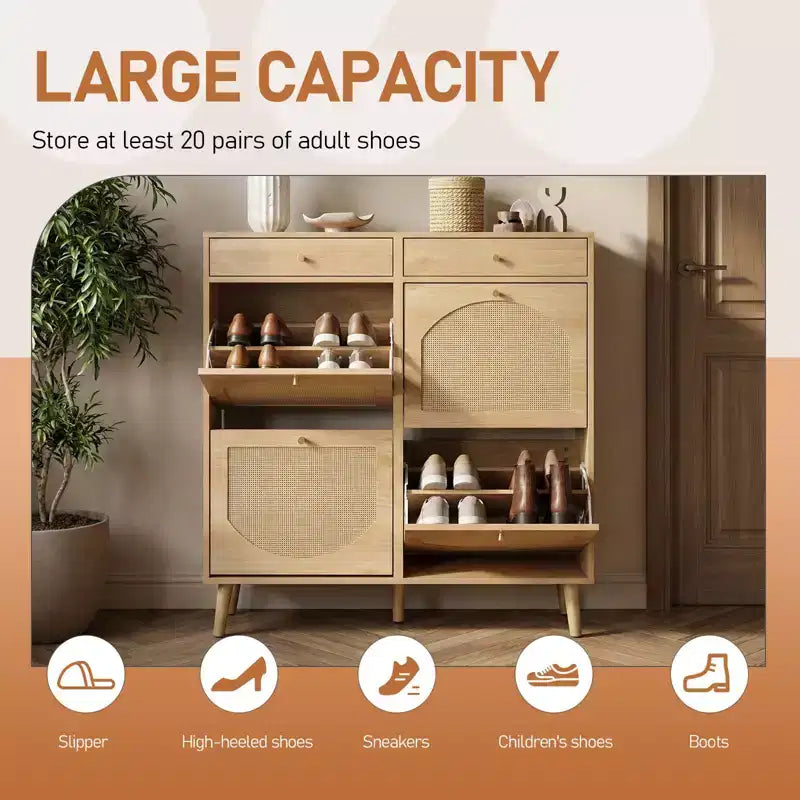 Meuble à chaussures Karl Home avec panneau en rotin, 2 tiroirs et 4 tiroirs basculants, en panneaux de particules, largeur 41,34 W