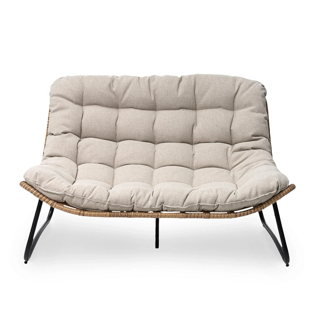 Fauteuil double Papasan avec coussin, rotin PE toutes saisons et structure en métal, pour intérieur et extérieur