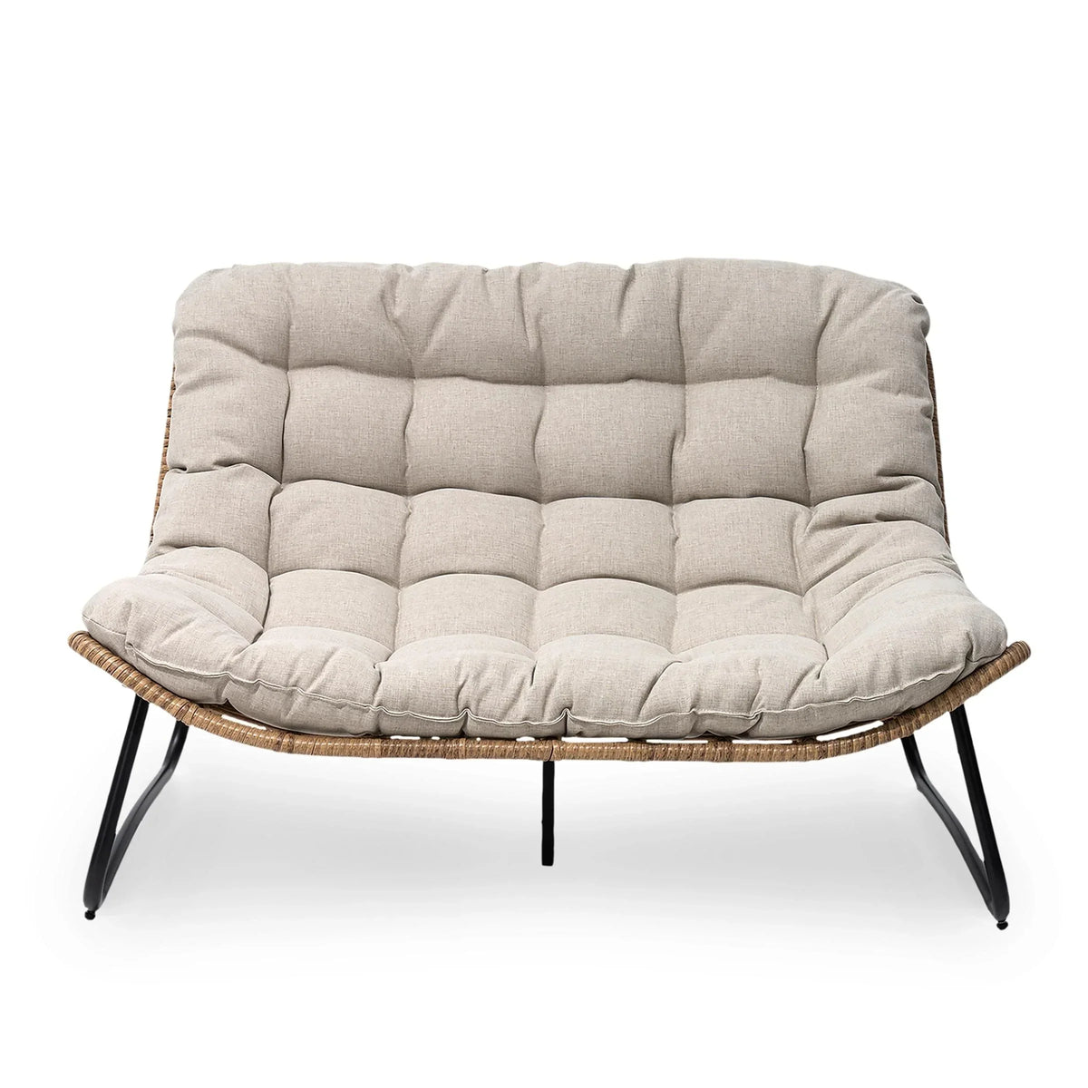 Fauteuil double Papasan avec coussin, rotin PE toutes saisons et structure en métal, pour intérieur et extérieur