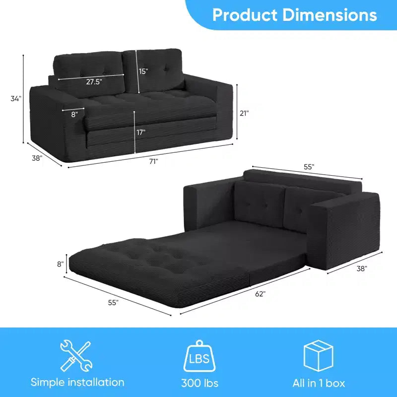 Mjkone 71' 2-in-1 slaapbank, opvouwbare loveseat met geribde stof en knopen, ruimtebesparend