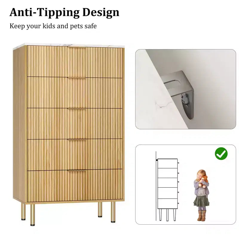 White / Marble & Wood 5-Drawer Dresser ?C Fluted Panel, for 1 Person Use