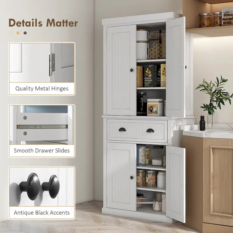 Armoire de rangement de garde-manger de cuisine de 72 pouces, armoire traditionnelle autoportante avec 4 portes et 3 étagères réglables, grand tiroir central