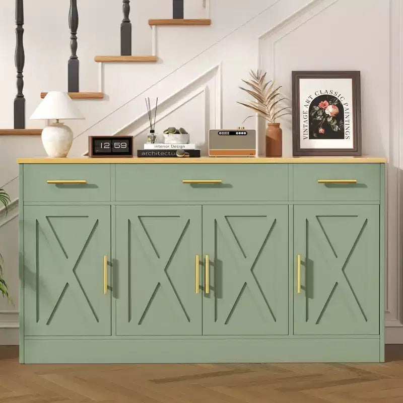 Buffet de rangement Celebalcony, grand meuble de cuisine de 53,4 pouces avec 3 tiroirs et 4 portes, étagère réglable pour la cuisine et le salon