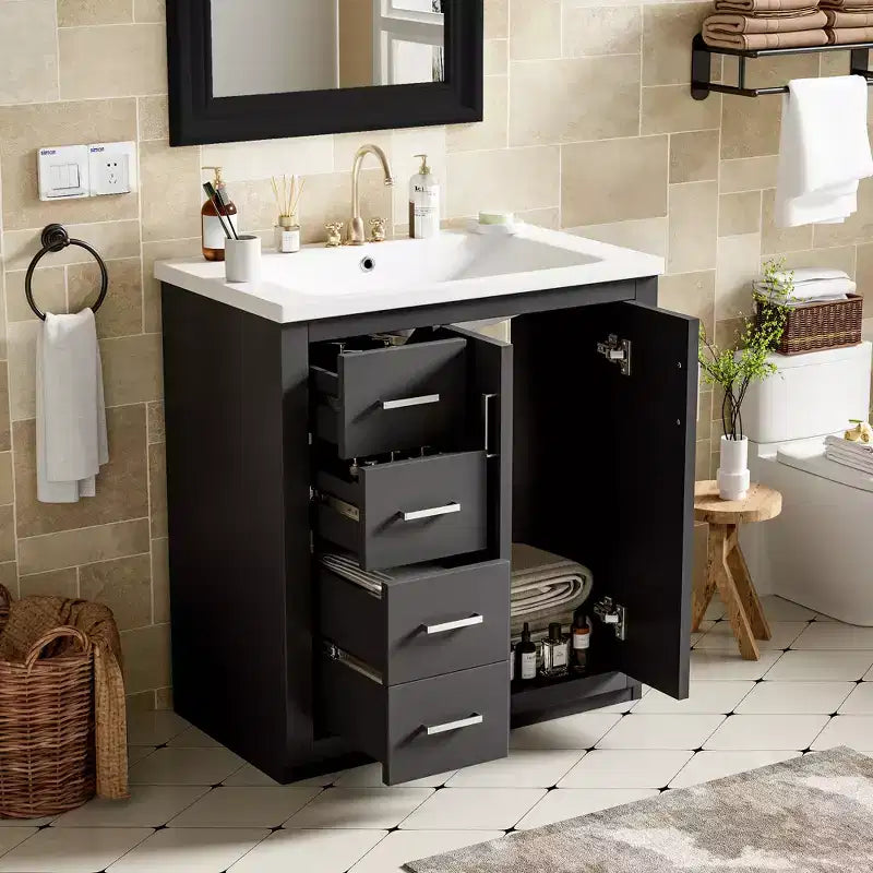 30 Einzelwaschbecken-Badezimmerwaschtisch mit Unterschrank und 3 Schubladen - Schwarz / Blau / Grün / Indigo / Weiß