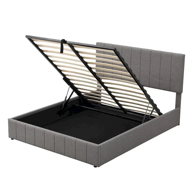 Lit plateforme queen-size rembourré avec système de rangement hydraulique - beige