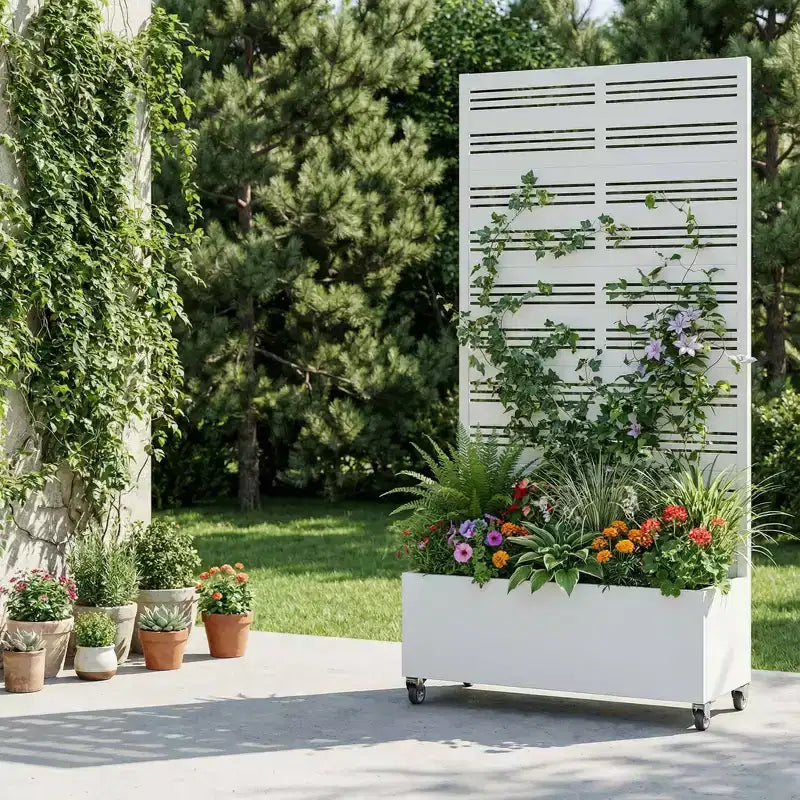 MAYEERTY witte rechthoekige plantenbak van smeedijzer met klimrek (Harold breed-smal B met lamellen), 72x35x16, 5-delige tuindecoratie voor binnen en buiten