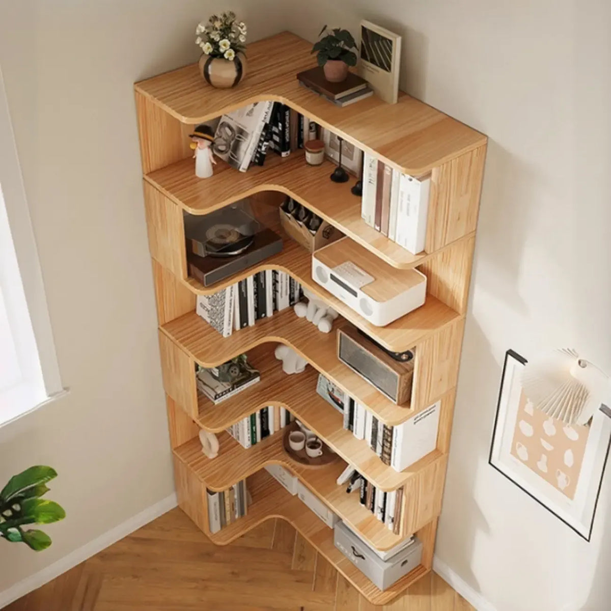 Boekenkast van hout met natuurlijke afwerking, L-vormig, verticaal en met open achterzijde