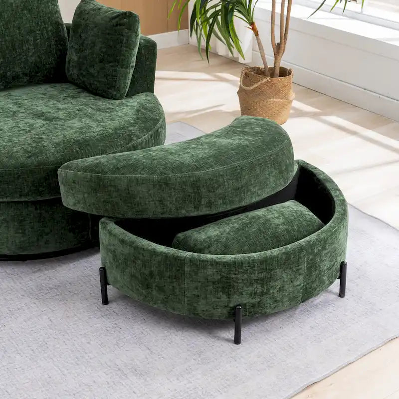 42,3W gestoffeerde draaifauteuil met 4 kussens en halvemaanvormige opberghocker