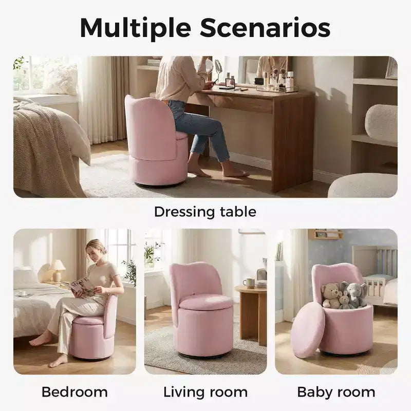 Chaise de coiffeuse pivotante avec rangement, tabouret rond rembourré avec dossier, fauteuil tonneau d’appoint doux et rembourré pour chambre et salon