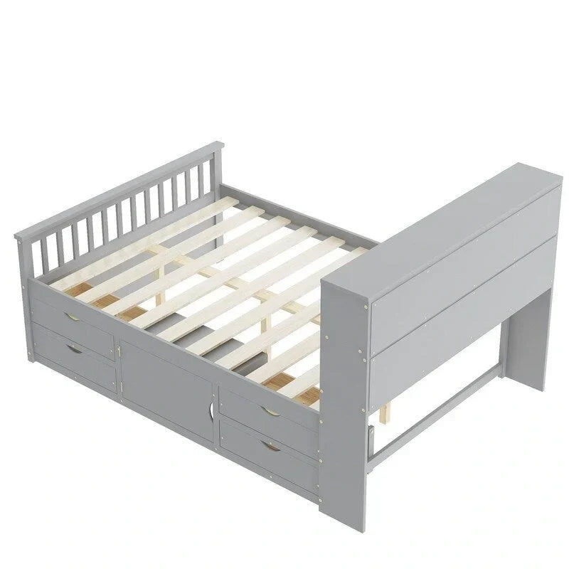 Lit plateforme de capitaine Twin/Full avec 4 tiroirs et étagères de rangement, structure en bois massif avec tête de lit bibliothèque et rangements
