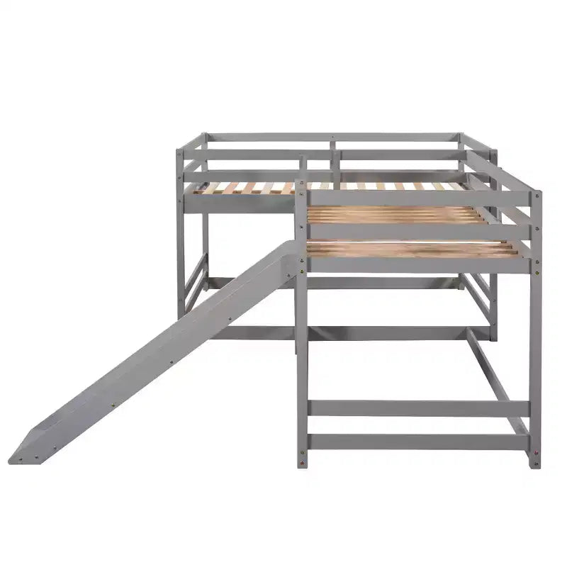 L-vormig stapelbed voor 4 kinderen, vierpersoons stapelbed met glijbaan, houten stapelbedframe met full- en twinbed voor slaapkamer of slaapzaal