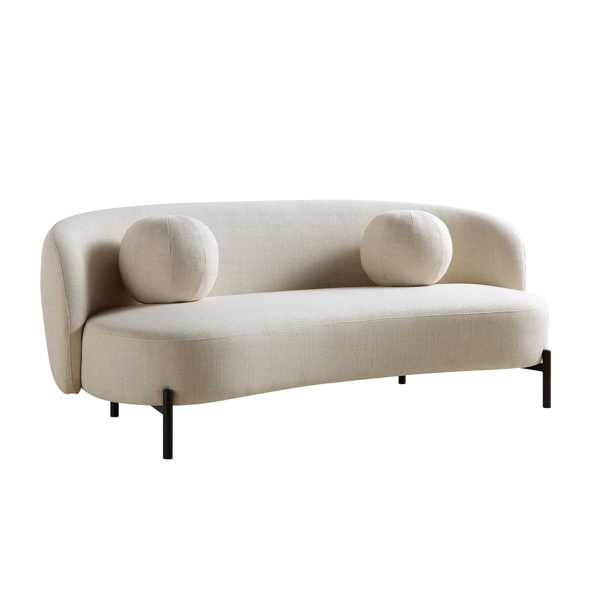 Gebogen 3-zitsbank met balvormige kussens, beige linnenmix