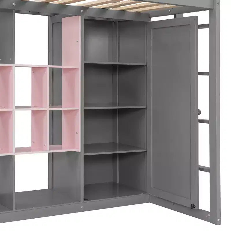 Kinder-Hochbett mit Kleiderschrank und Regalen, Hochbettgestell aus Holz mit Stauraumschrank für Kinder und Jugendliche