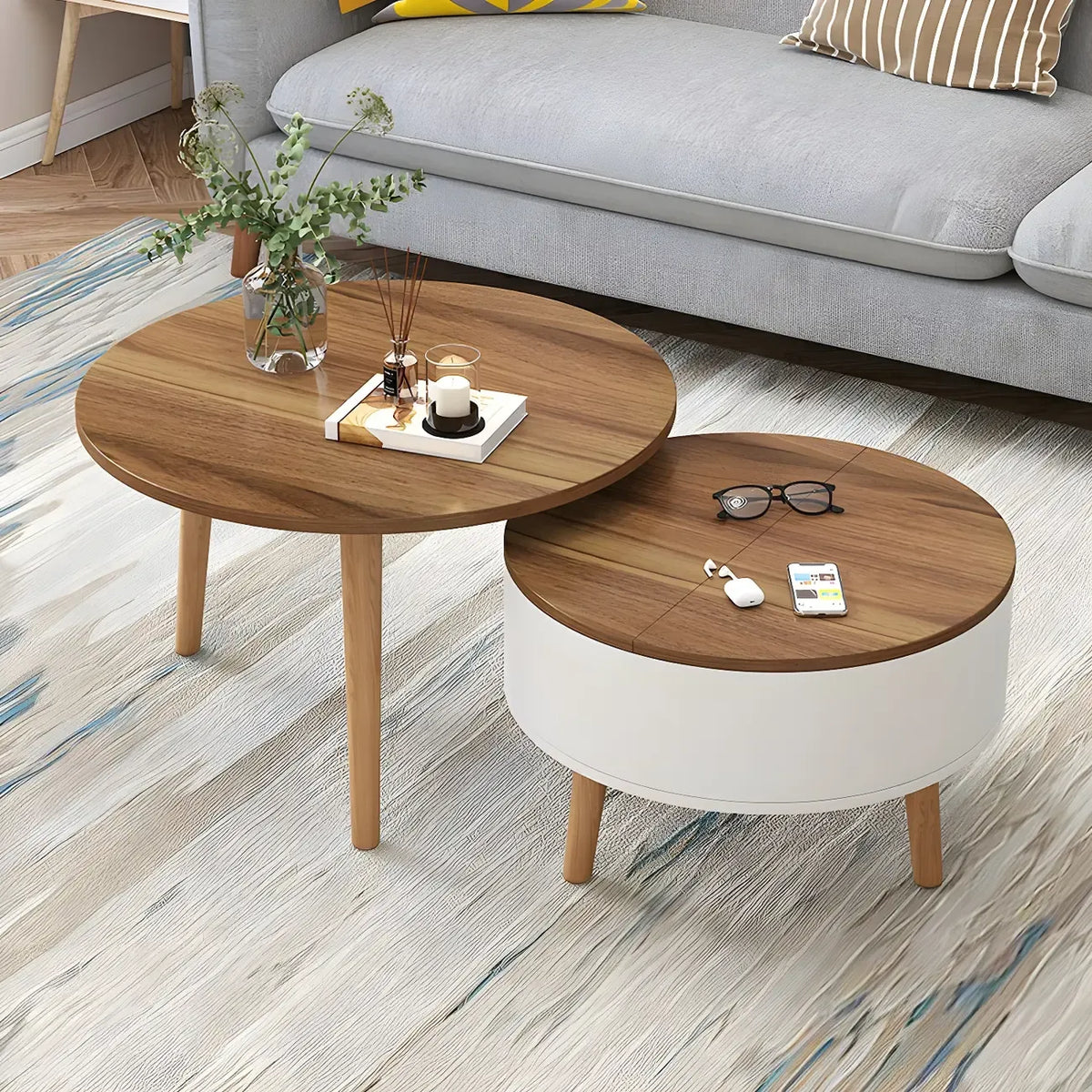 Moderner runder Couchtisch aus schwarzem und weißem Holz mit Stauraum