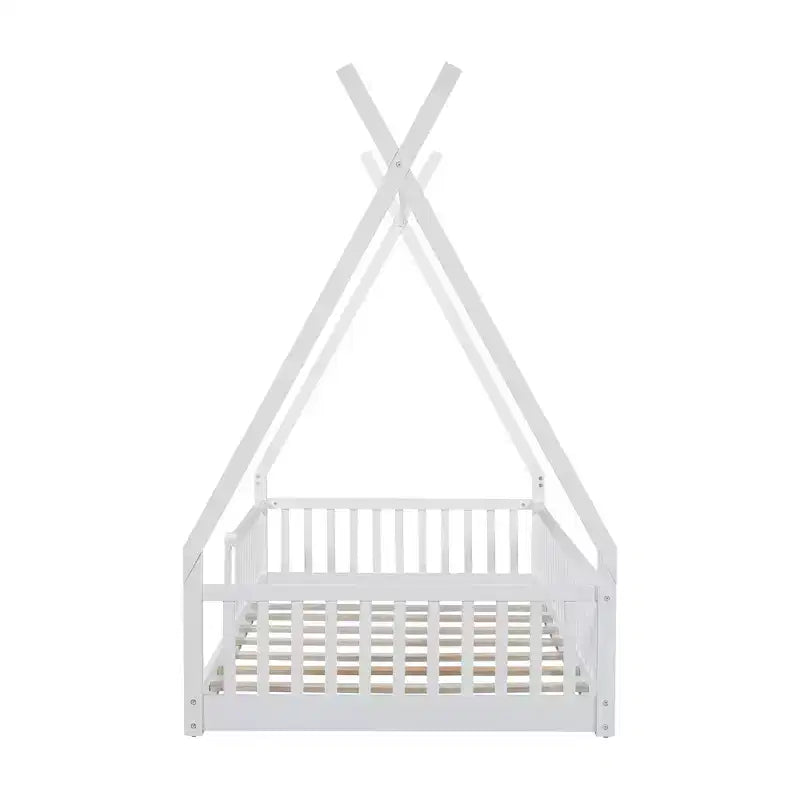 Bodenbett für Kinder, Zeltbett in Einzelgröße, Montessori-Bodenbett mit Lattenrost und Schutzgittern, Holzhaus-Bettrahmen für Jungen und Mädchen