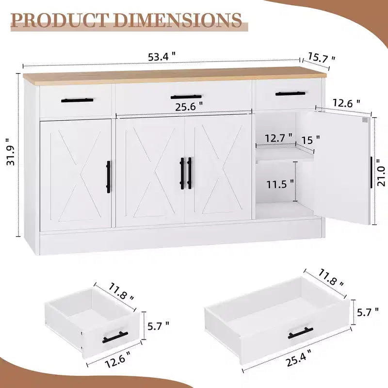 Buffet de rangement Celebalcony, grand meuble de cuisine de 53,4 pouces avec 3 tiroirs et 4 portes, étagère réglable pour la cuisine et le salon