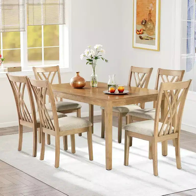Zevemomo 7-delige eettafelset van massief hout met 6 gestoffeerde stoelen, ruimtebesparende eetkamertafel- en stoelenset voor eetkamer en keuken, natuurlijke houtkleur