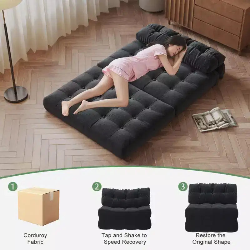 Full Corduroy Folding Sofa Bed Futon, Floor Convertible Sleeper Chair with Pillow & Back Support