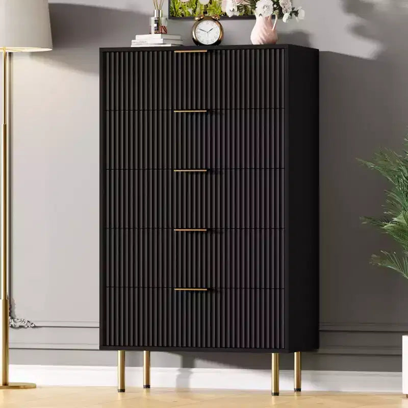 White / Marble & Wood 5-Drawer Dresser ?C Fluted Panel, for 1 Person Use