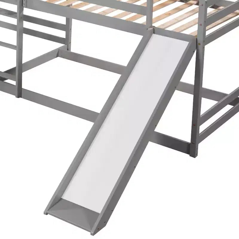 L-vormig stapelbed voor 4 kinderen, vierpersoons stapelbed met glijbaan, houten stapelbedframe met full- en twinbed voor slaapkamer of slaapzaal