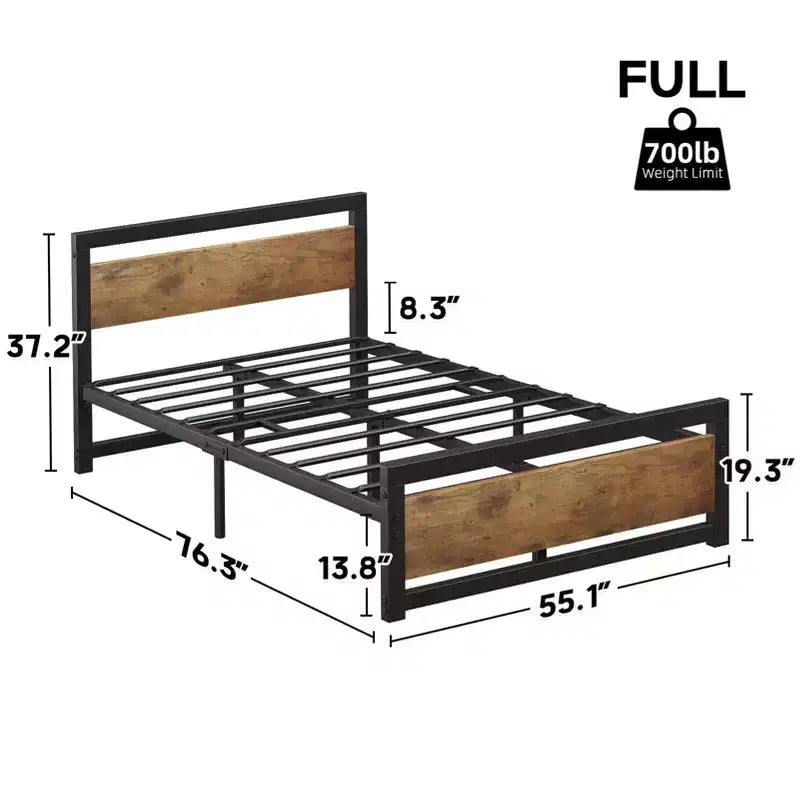 Cadre de lit robuste avec tête et pied de lit, plateforme métallique avec espace de rangement de 13,8, montage silencieux et sans outils, marron vintage