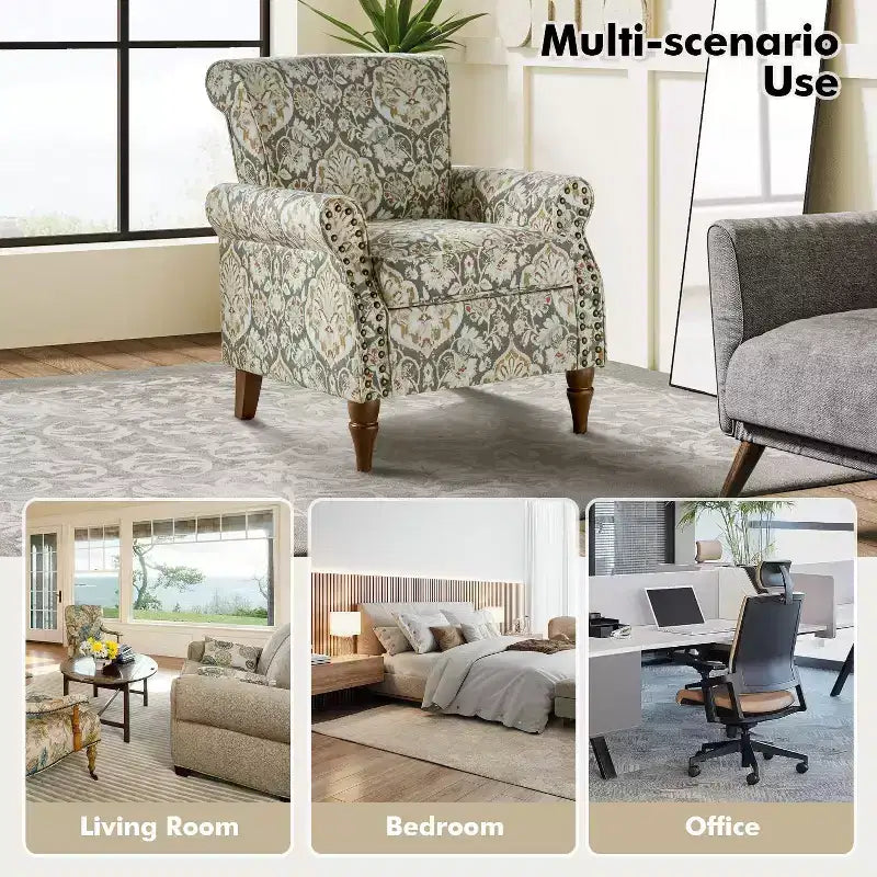 Fauteuil traditionnel Araceli en bois, rembourré à motif floral, avec dossier à oreilles et bordure cloutée| ART OF LIVING DESIGNS