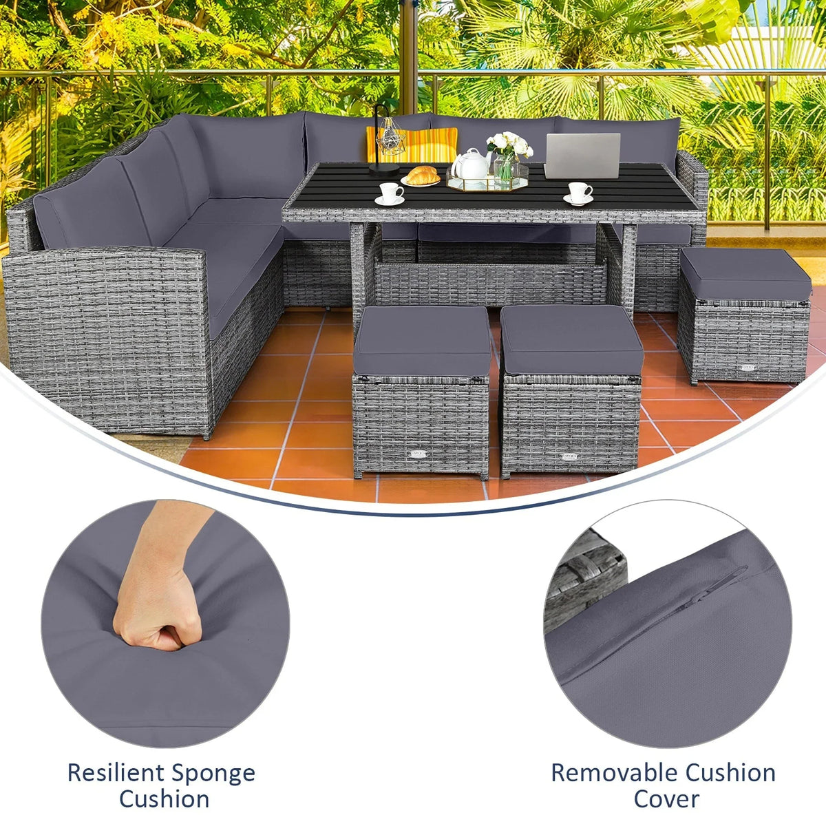 Costway Ensemble repas de jardin en rotin de 7 pièces, canapé d’angle, canapé et pouf — Voir les détails