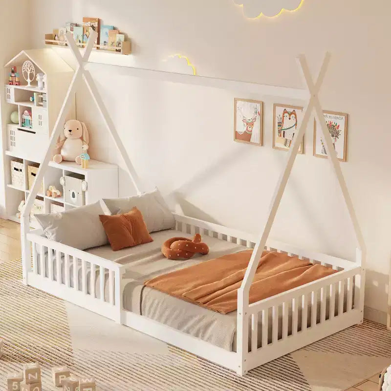 Bodenbett für Kinder, Zeltbett in Einzelgröße, Montessori-Bodenbett mit Lattenrost und Schutzgittern, Holzhaus-Bettrahmen für Jungen und Mädchen