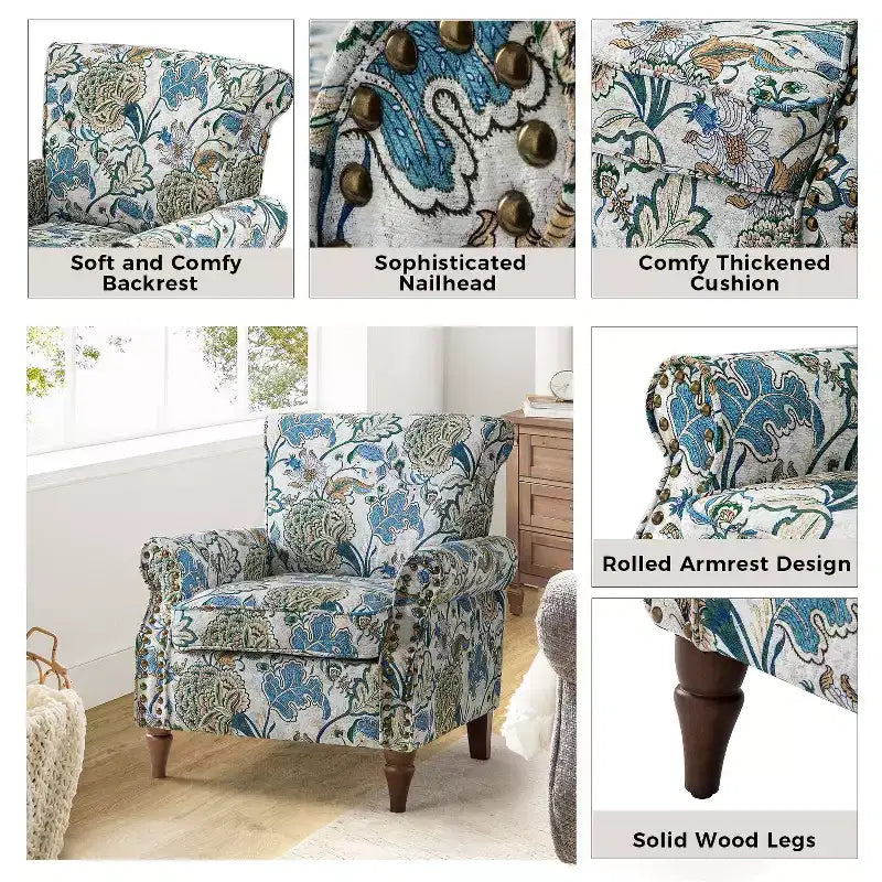 Fauteuil traditionnel Araceli en bois, rembourré à motif floral, avec dossier à oreilles et bordure cloutée| ART OF LIVING DESIGNS