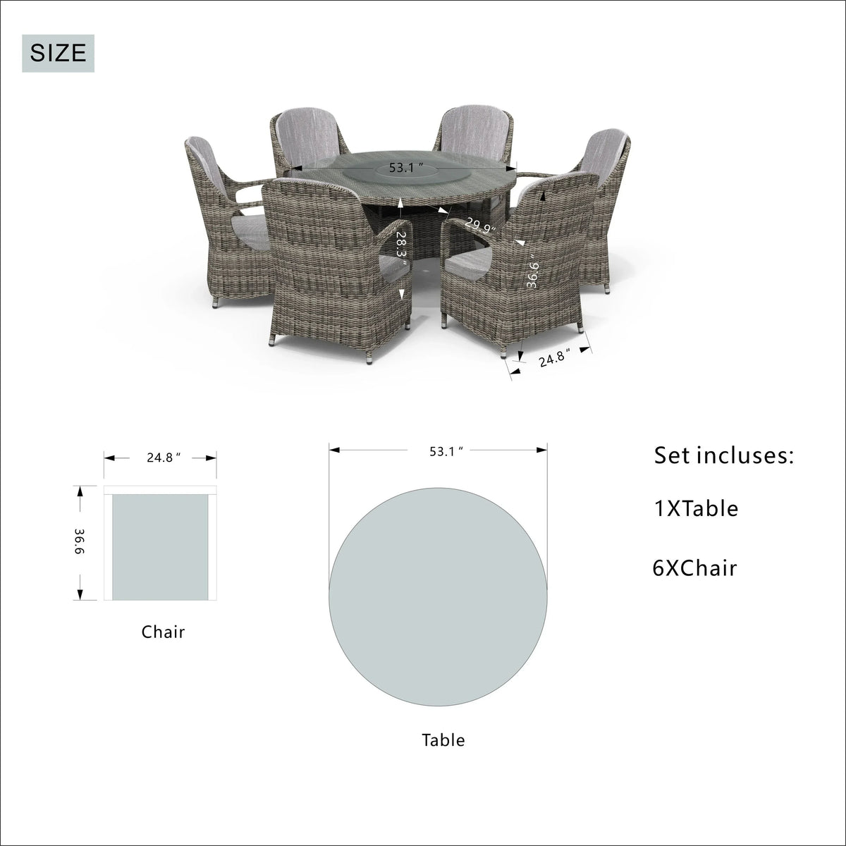 Ensemble de salle à manger rond de jardin en rotin tressé, 7 pièces, avec coussins, par Moda Furnishings