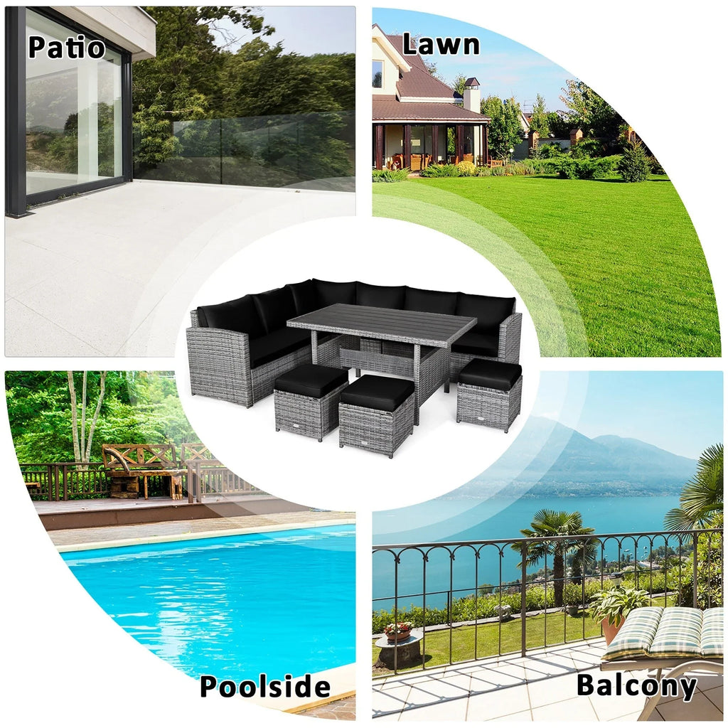 Costway Ensemble repas de jardin en rotin de 7 pièces, canapé d’angle, canapé et pouf — Voir les détails
