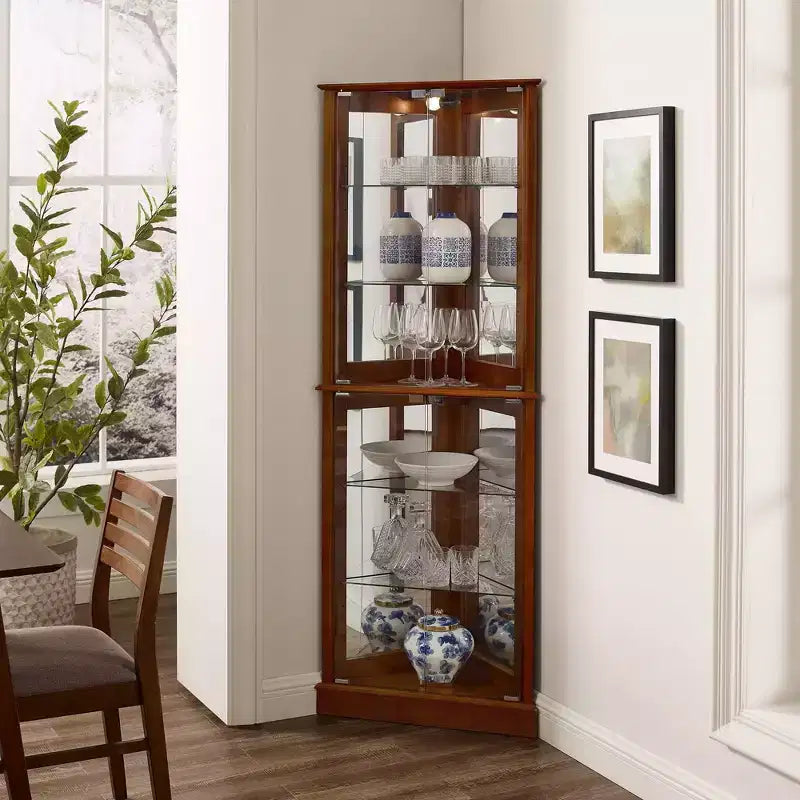 Vitrine d’angle, cerisier/noyer, vitrine à 4 portes en verre