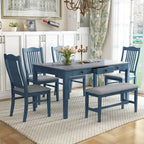 6-delige houten eetkamerset met 4 stoelen en bank, tafel met lade