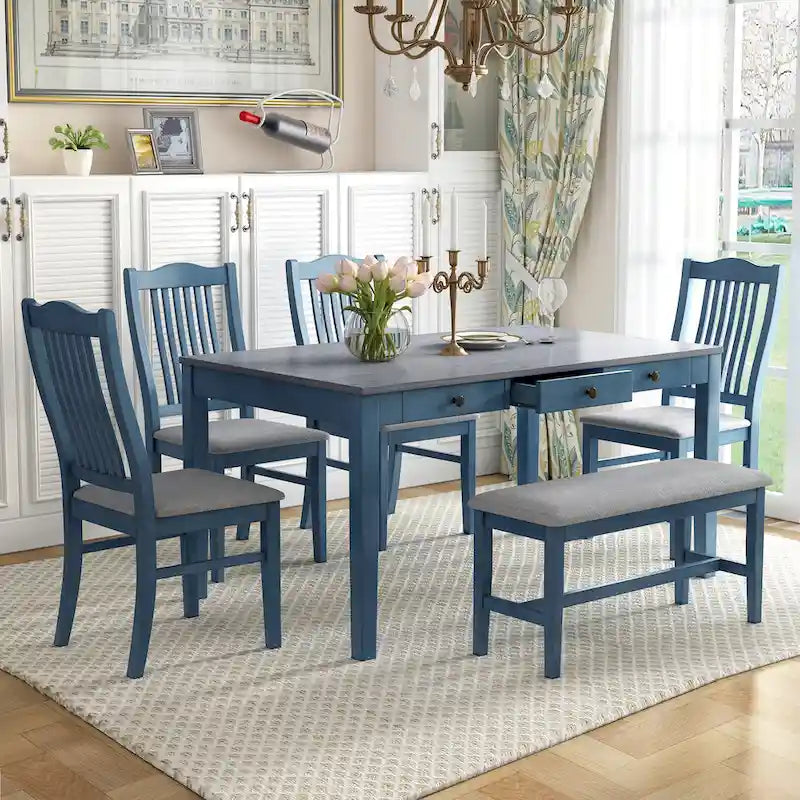 6-delige houten eetkamerset met 4 stoelen en bank, tafel met lade